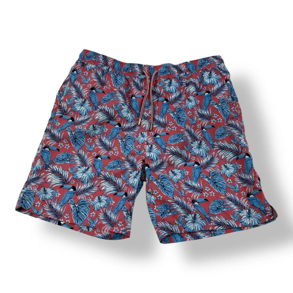 Peter Millar Seaside Crown Coral Blue Toucan Floral Swim Trunks Men's Large 7.5